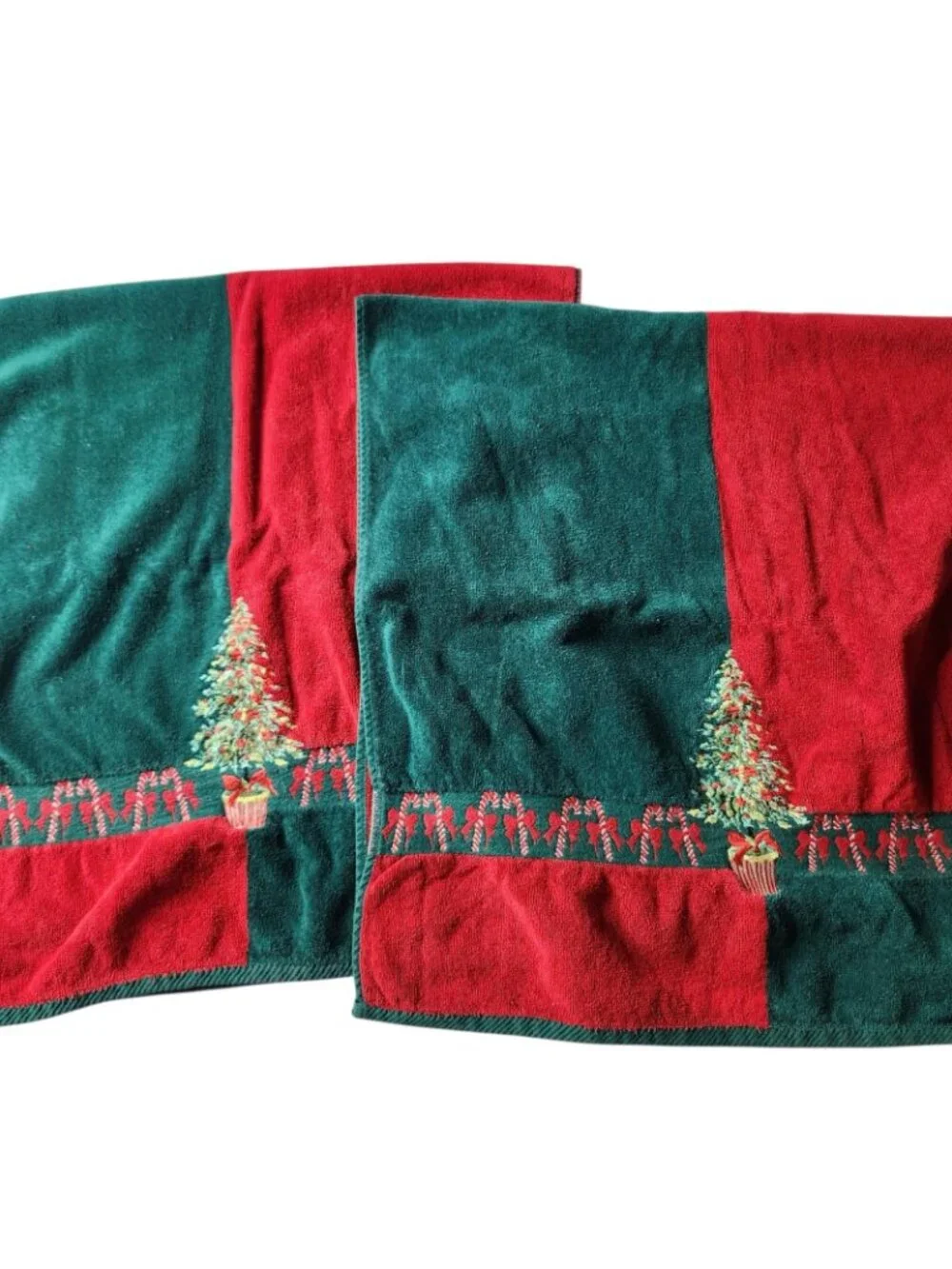 Vintage Christmas Trees Candy Canes Embroidered Bath Towels Set Of Two